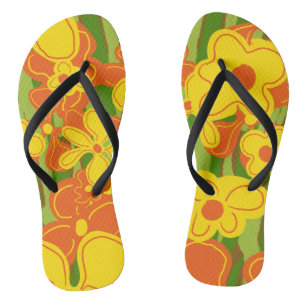 Orange Yellow Retro Flowers on Green Thongs