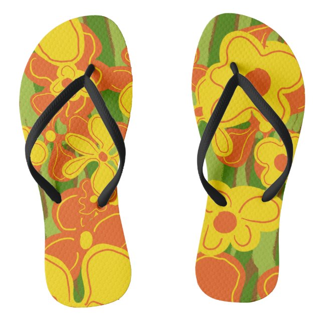 Orange Yellow Retro Flowers on Green Thongs (Footbed)