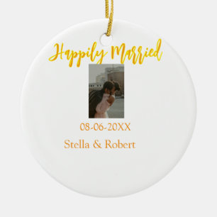 Orange yellow retro photo happily married couple ceramic ornament