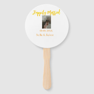 Orange yellow retro photo happily married couple hand fan