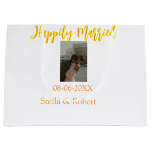 Orange yellow retro photo happily married couple large gift bag