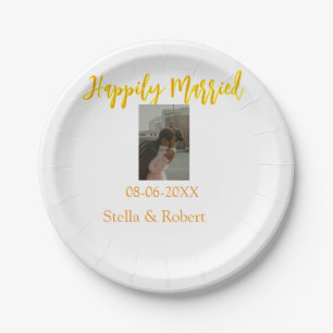Orange yellow retro photo happily married couple paper plate