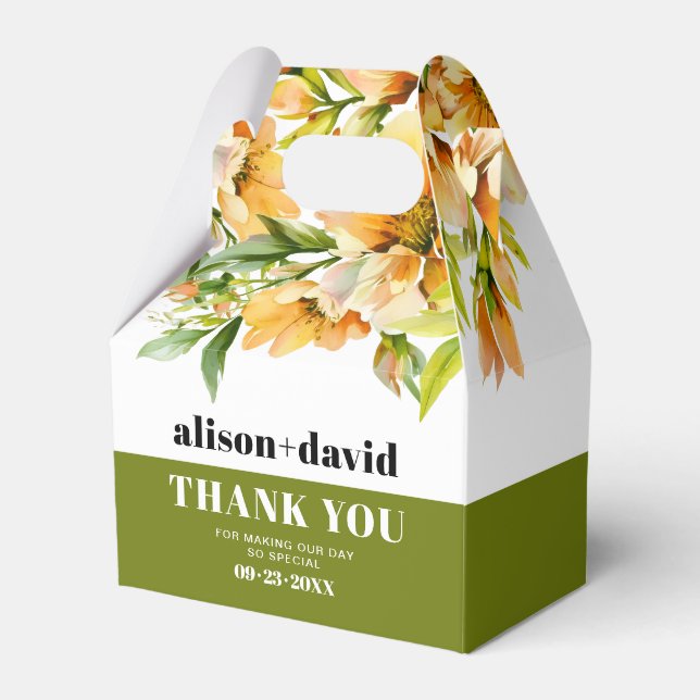 Orange yellow rhododendron flowers fall wedding favour box (Front Side)
