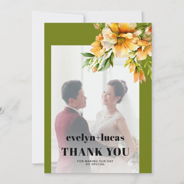 Orange yellow rhododendron flowers photo wedding thank you card (Front)