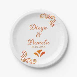 orange yellow rustic spanish wedding couple name paper plate