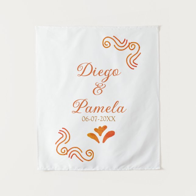 orange yellow rustic spanish wedding couple name tapestry (Front)