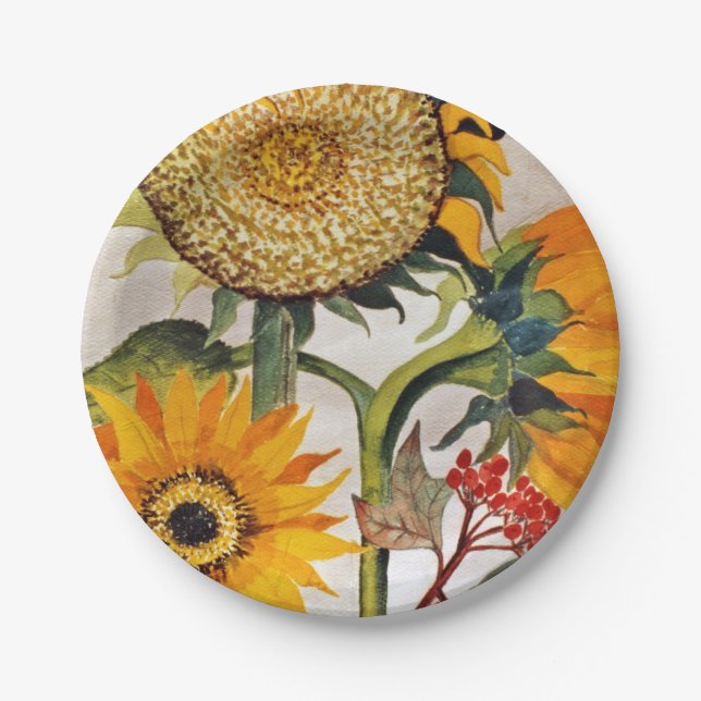 Orange Yellow Seeding Sunflower Art Paper Plate (Front)