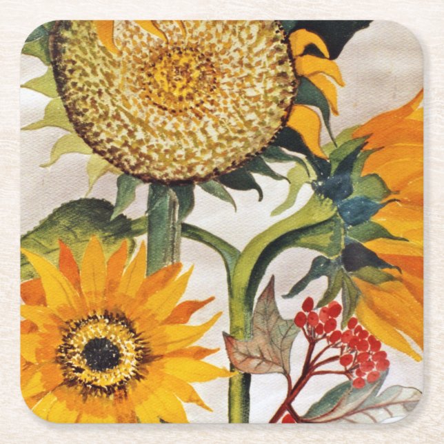 Orange Yellow Seeding Sunflower Art Square Paper Coaster (Front)