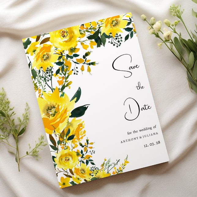 Orange yellow summer botanic floral Save the Date Invitation (Orange yellow summer botanic floral Save the Date)
