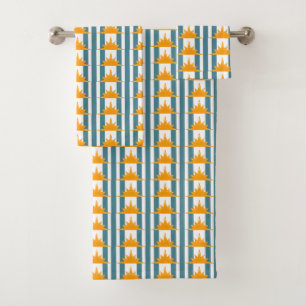 Orange Yellow Sunny Suns on Teal Stripes Bath Towel Set