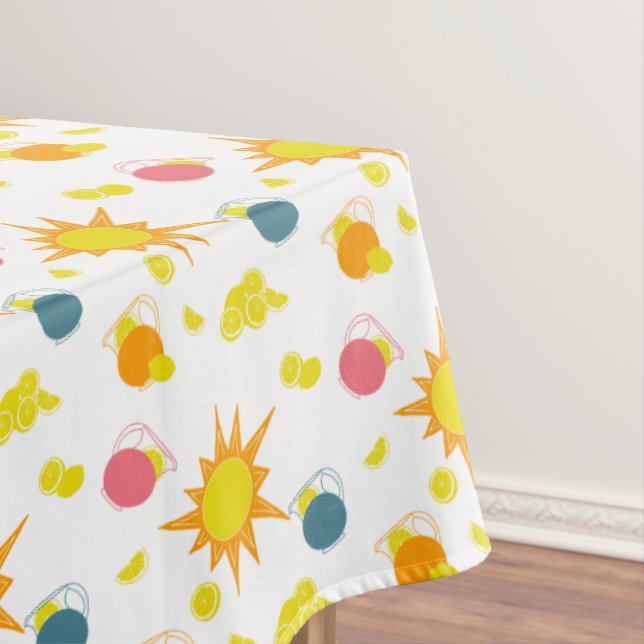 Orange Yellow Suns Lemonade Pitchers Pink Teal Tablecloth (In Situ)