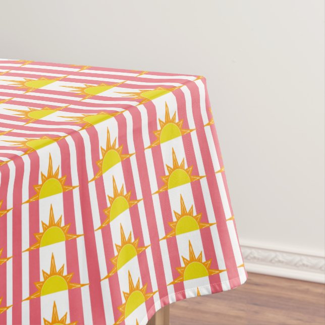 Orange Yellow Suns on Pink Stripes Tablecloth (In Situ)