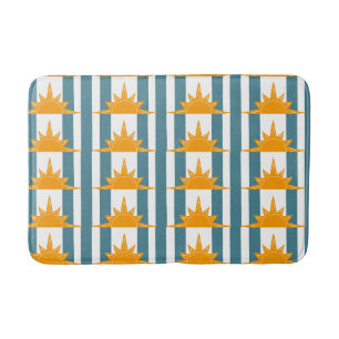 Orange Yellow Suns on Teal Stripes Bath Mat