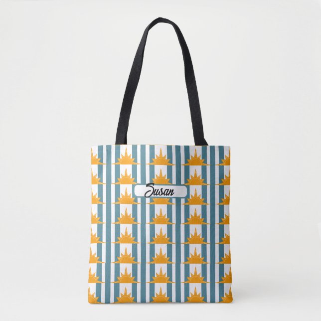 Orange Yellow Suns on Teal Stripes Tote Bag (Front)