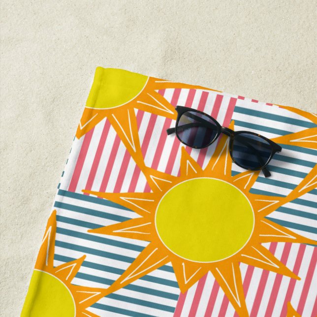 Orange Yellow Suns Pink Teal Stripes Beach Towel (In Situ)