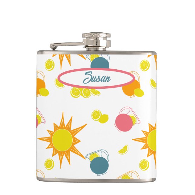 Orange Yellow Suns Teal Pink Lemonade Pitchers Hip Flask (Front)