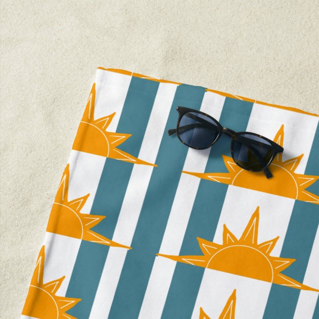 Orange Yellow Suns Teal Stripes Beach Towel (In Situ)