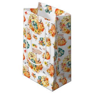 ORANGE YELLOW TEAL AUTUMN PUMPKINS FLOWERS SMALL GIFT BAG