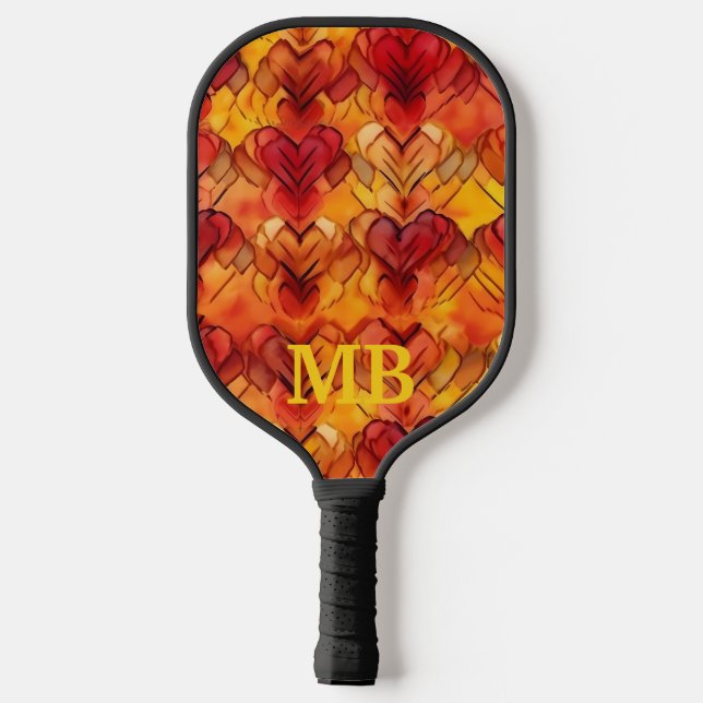 Orange Yellow Tie Dye Hearts Monogram Pickleball Paddle (Back)