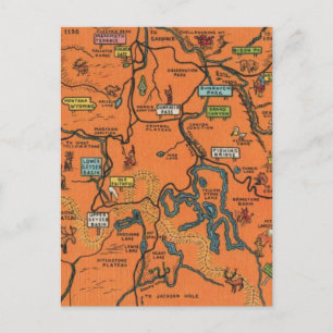 Orange Yellowstone Park  Illustrated Map Postcard