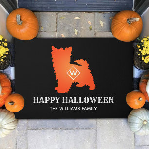 Orange Yorkie Happy Halloween Family Name Doormat