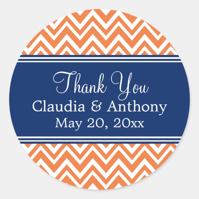 Orange Zigzag Pattern, Royal Blue Thank You Classic Round Sticker (Front)