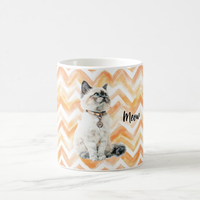 Orange Zigzag Stripes White Cat Meow Coffee Mug (Center)