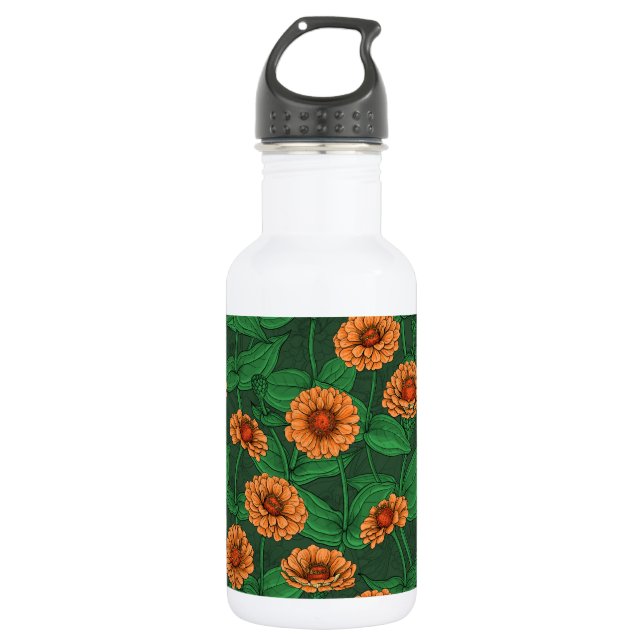 Orange Zinnia flowers, green leaves on dark green 532 Ml Water Bottle (Front)
