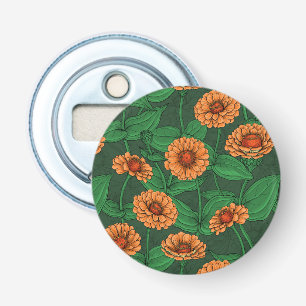 Orange Zinnia flowers, green leaves on dark green Bottle Opener