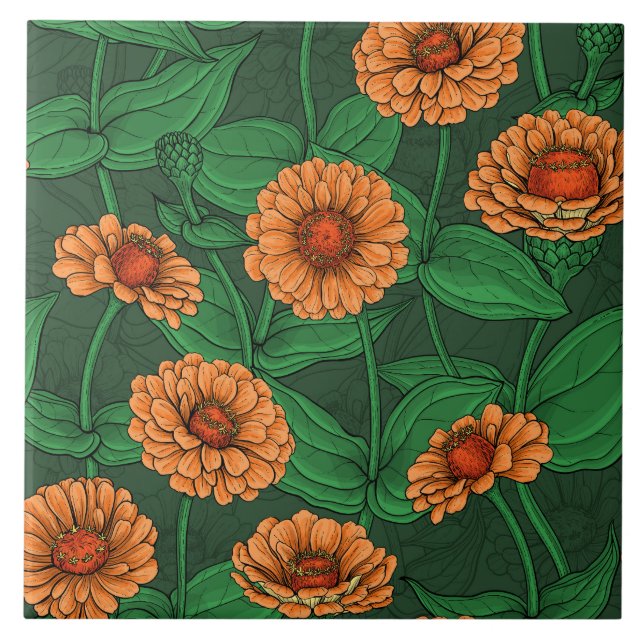 Orange Zinnia flowers, green leaves on dark green Ceramic Tile (Front)