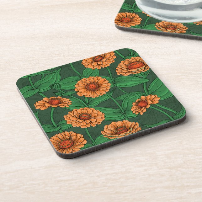 Orange Zinnia flowers, green leaves on dark green Coaster (Left Side)