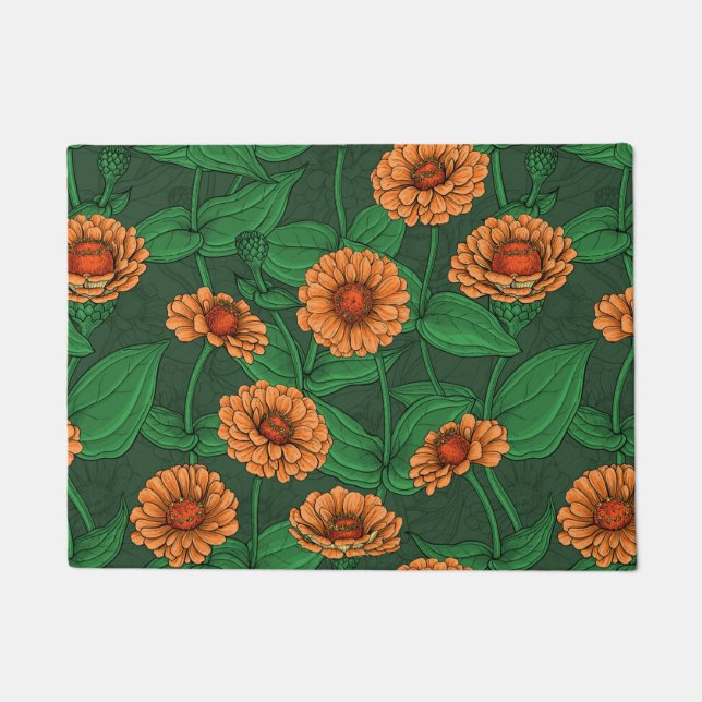 Orange Zinnia flowers, green leaves on dark green Doormat (Front)