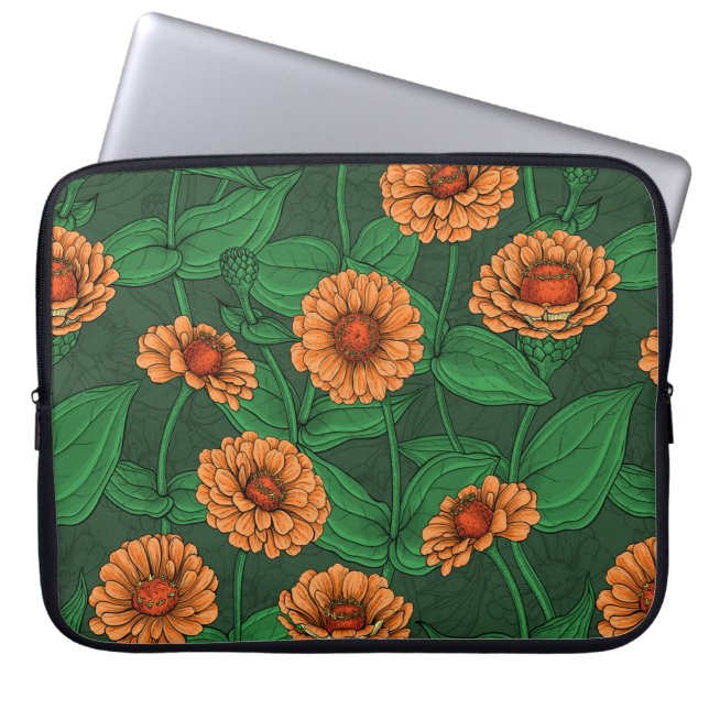Orange Zinnia flowers, green leaves on dark green Laptop Sleeve (Front)