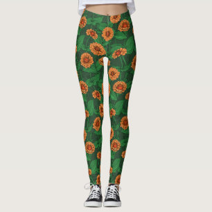 Orange Zinnia flowers, green leaves on dark green Leggings