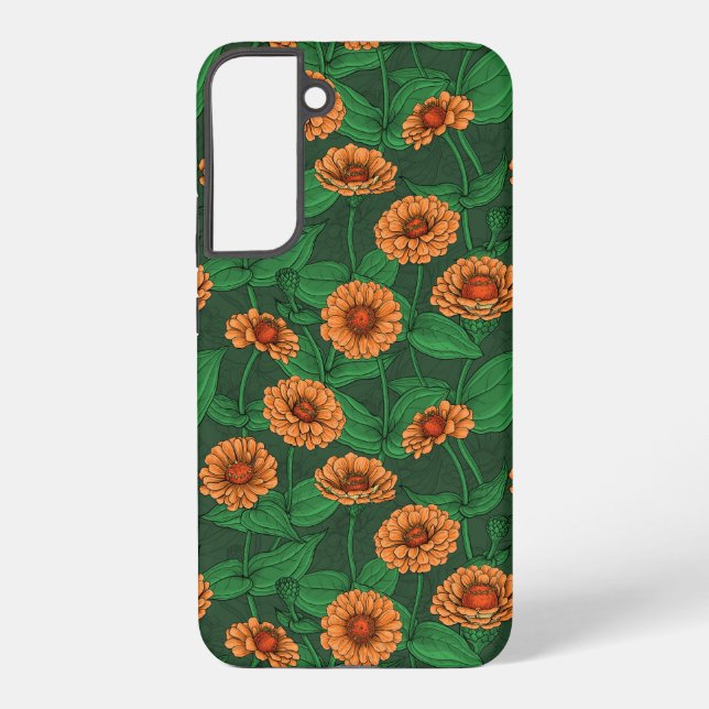 Orange Zinnia flowers, green leaves on dark green Samsung Galaxy S22+ Case (Back)