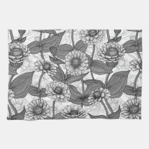 Orange Zinnia flowers, green leaves on dark green Tea Towel