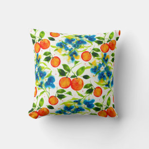Oranges and Blue Flowers on White Citrus Floral Cushion