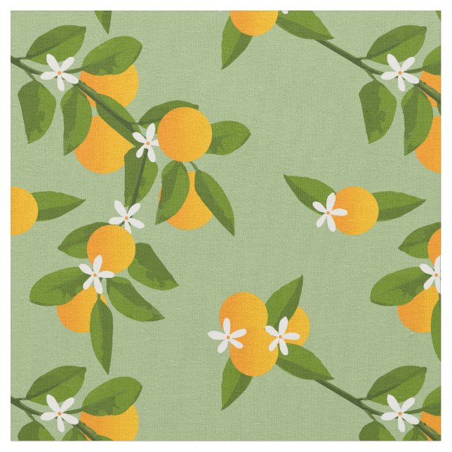 Oranges and Leaves Citrus Fruit Pattern Fabric (Close Up)