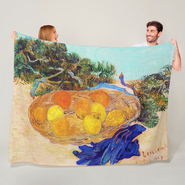 Oranges and Lemons with Blue Gloves, Van Gogh Fleece Blanket (In Situ)