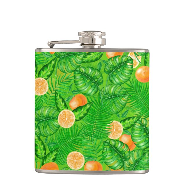 Oranges and tropical leaves hip flask (Front)