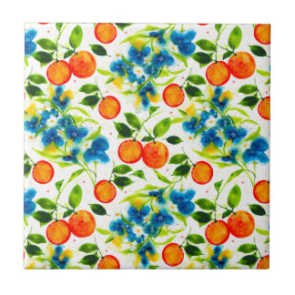 Oranges & Blue Blossoms Watercolor Art Ceramic Tile