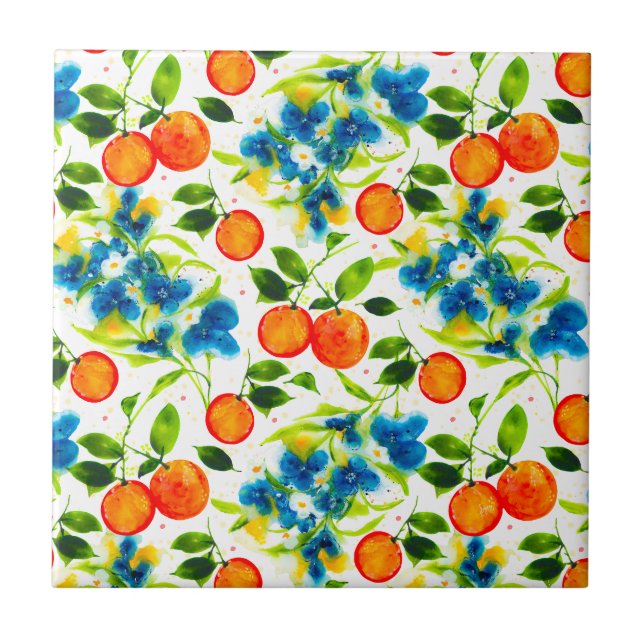 Oranges & Blue Blossoms Watercolor Art Ceramic Tile (Front)