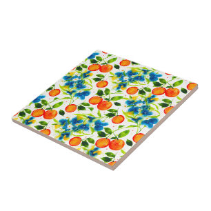 Oranges & Blue Blossoms Watercolor Art Ceramic Tile