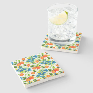 Oranges & Blue Blossoms Watercolor Art Stone Coaster