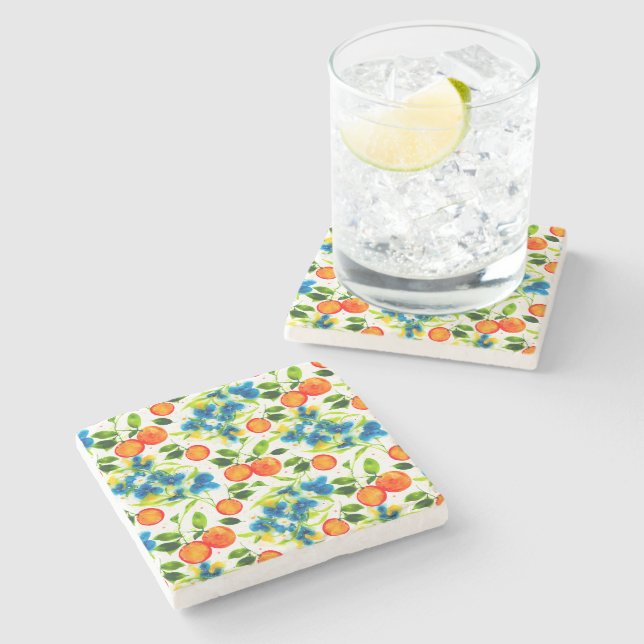 Oranges & Blue Blossoms Watercolor Art Stone Coaster (Side)