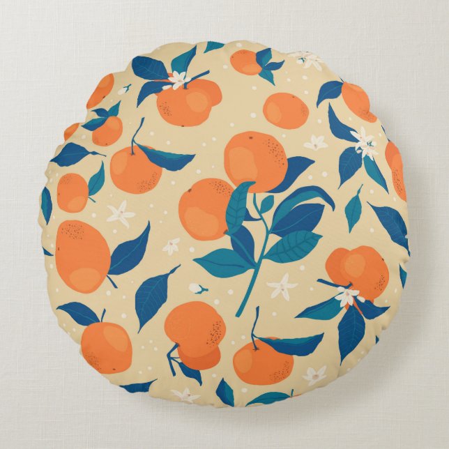 Oranges Branches: Beige Background Pattern Round Cushion (Front)