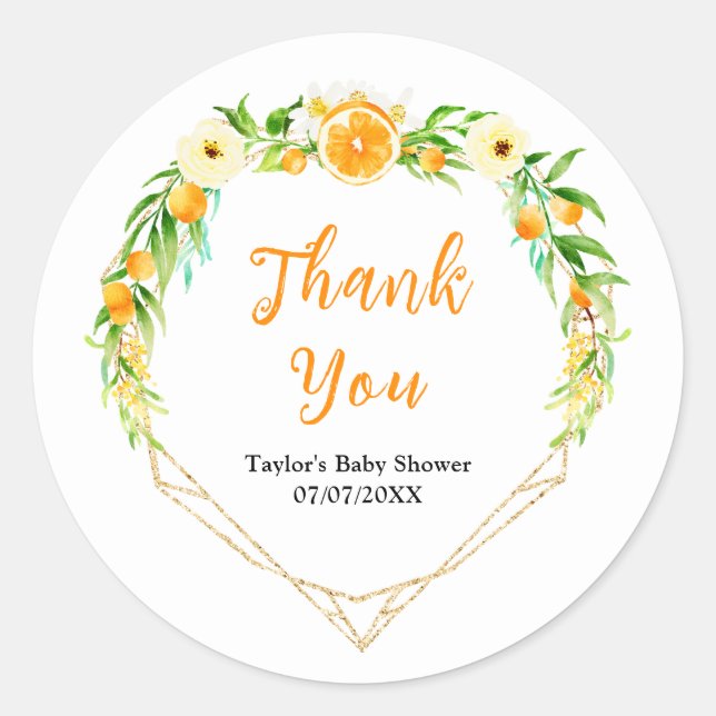 Oranges Citrus Baby Shower Thank You Classic Round Sticker (Front)