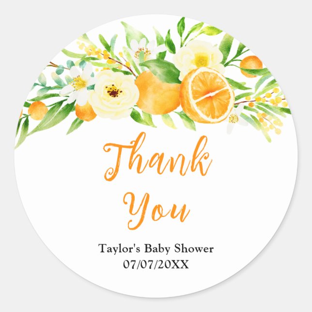Oranges Citrus Baby Shower Thank You Classic Round Sticker (Front)