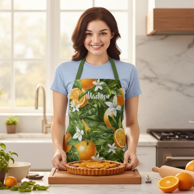 Oranges Citrus Blossoms Modern Personalised Name Apron (Creator Uploaded)