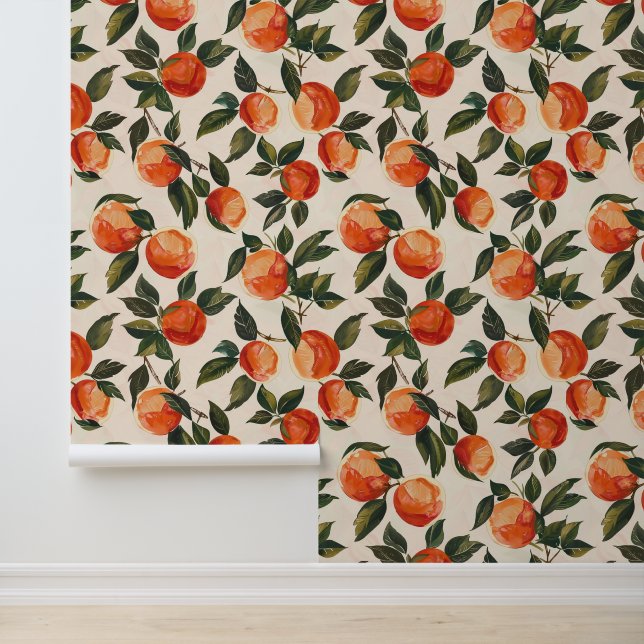 Oranges Citrus Fruits Modern Painted Botanical Wallpaper (Application)